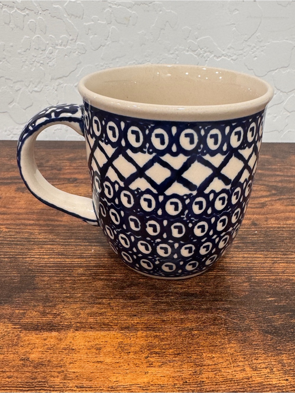 Boleslawiec Polish Pottery Mug Lattice Peacock Ceramic Cream Blue